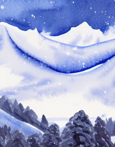 A watercolor painting of a snowy mountain scene. Burchfield