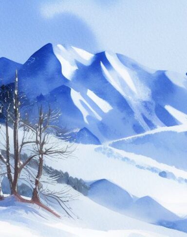 A watercolor painting of a snowy mountain scene. Burchfield