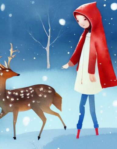 A watercolor painting of little girl with red hood facing backward siting next to two deer in the snow