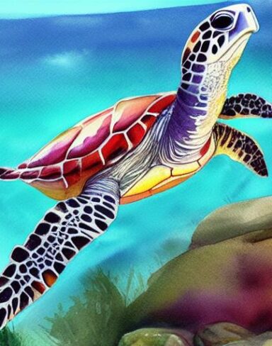 A watercolor painting of one sea turtle