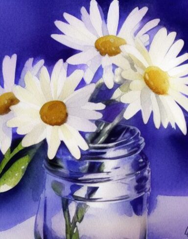 A watercolor painting of some white daisies