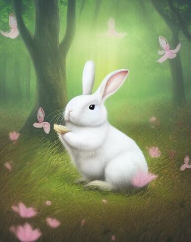 A white rabbit sitting in the middle of a forest in a serene moment