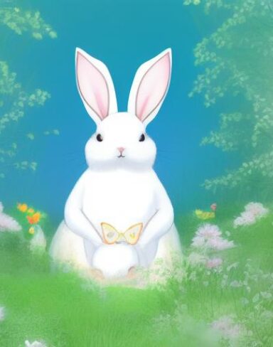 A white rabbit sitting in the middle of a forest in a serene moment with a fairy