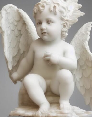 A white statue of angel baby with a pair of wings
