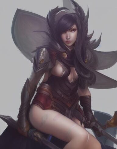 A woman that is sitting down with a sword