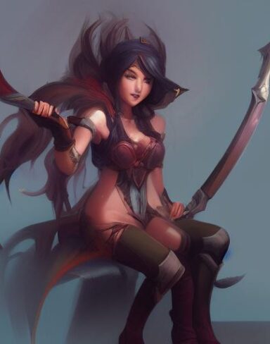 A woman that is sitting down with a sword