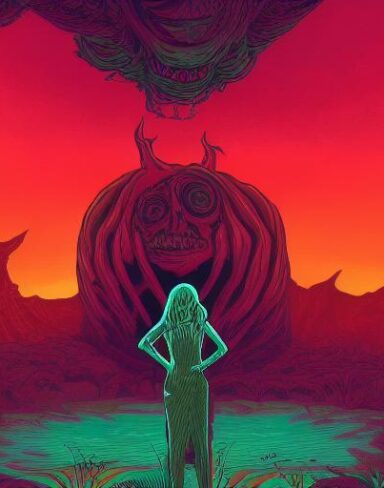 A young lady that is standing near a monsters