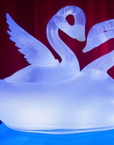An tranquil ice sculpture of two glowing ice-made swans on a wave
