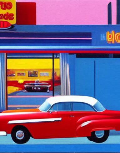 Art painting of a car parked in front of a restaurant