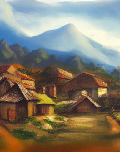 Art painting of small village in the mountains