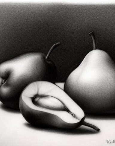 Black and white charcoal drawing of a pear and an apple on a table