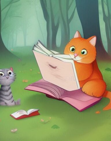 Cartoon cat reading book in the woods