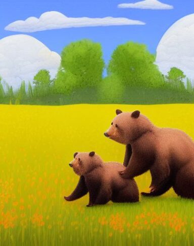 Color painting of two bears in flowers field
