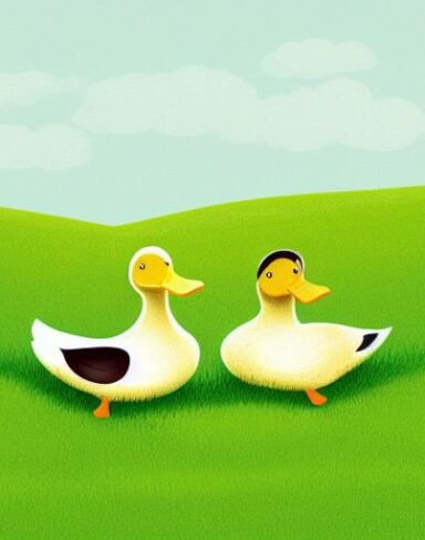 Couple of ducks on top of a green field