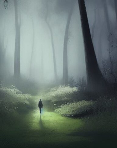 Dark digital art of a person walking through a forest