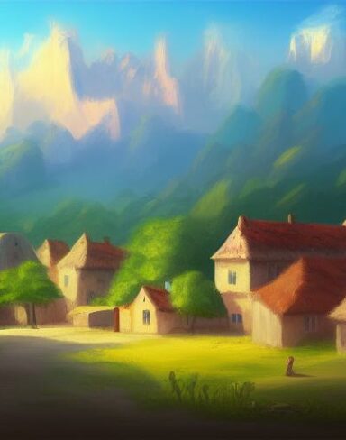 Digital art painting of a small village and the mountains