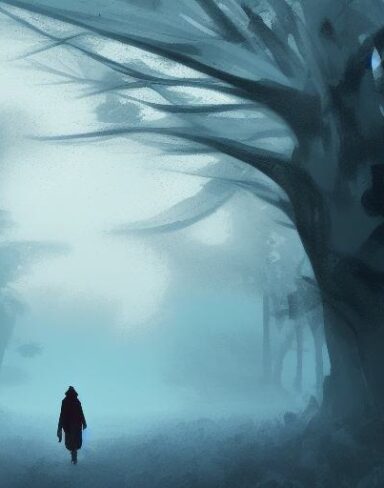 Fantasy digital art of a person walking through a forest