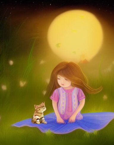 Girl sitting on the ground next to a kitty