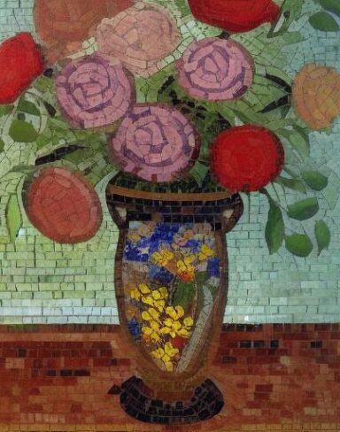 Mosaic of flowers roses in a vase inspired by Mikhail Vrubel