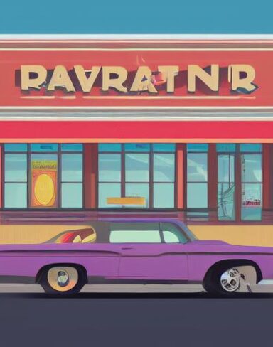 One car is parked in front of a restaurant