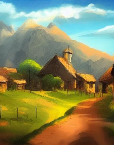 Painting of a small village in the mountains