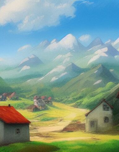 Painting of a small village in the mountains