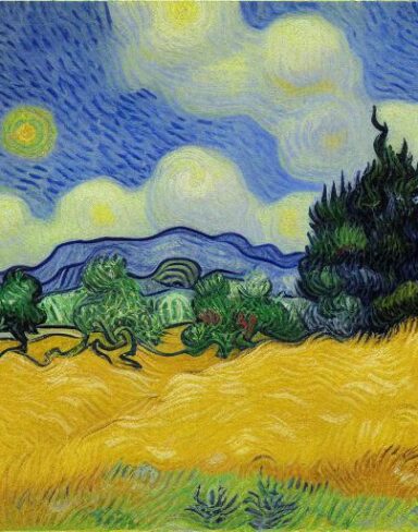 Painting of a wheatfield with cypress trees