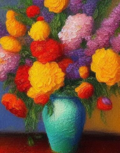 Painting of different flowers in a vase on a table