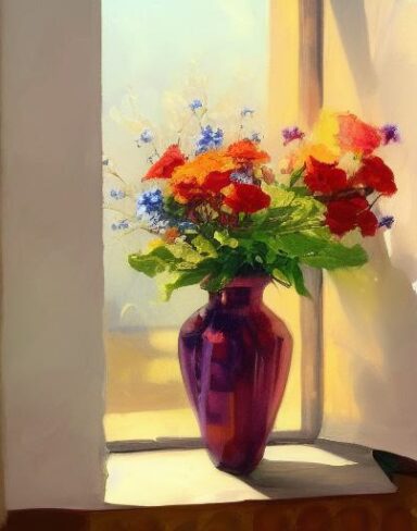 Painting of flowers in a vase on a window sill