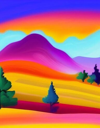 Painting of the colorful landscape with mountains and trees