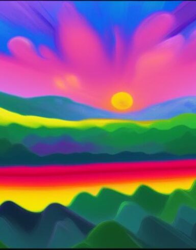 Painting of the colorful landscape with mountains and trees