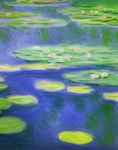 Painting of water lilies in water