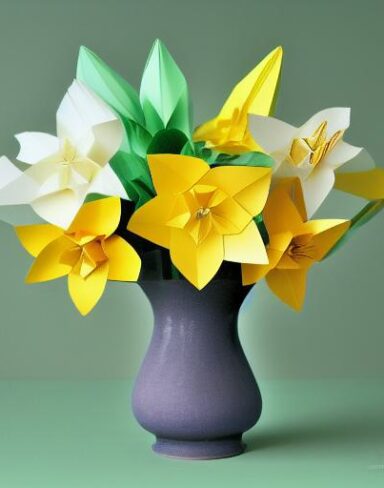 Paper flowers in a pot on a table