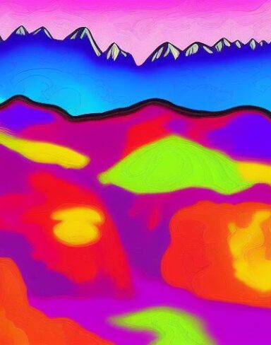 Psychedelic art of a colorful landscape with mountains