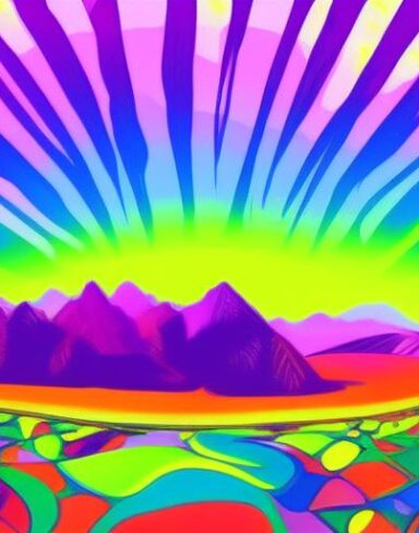 Psychedelic art of a colorful landscape with mountains