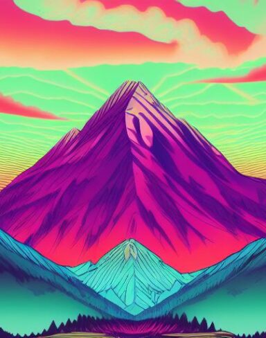 Psychedelic art with mountains in the background