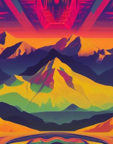 Psychedelic poster with mountains in the background
