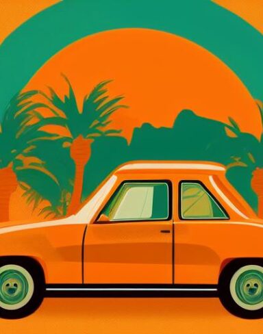 Retro art of an orange car with palm trees