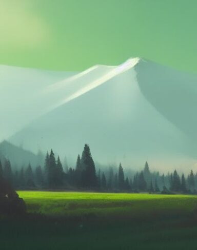 Snowing day with dim sunlight a painting of a green field with snow mountains in the background