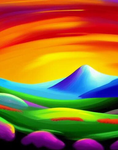 The art painting of a landscape with mountains and trees