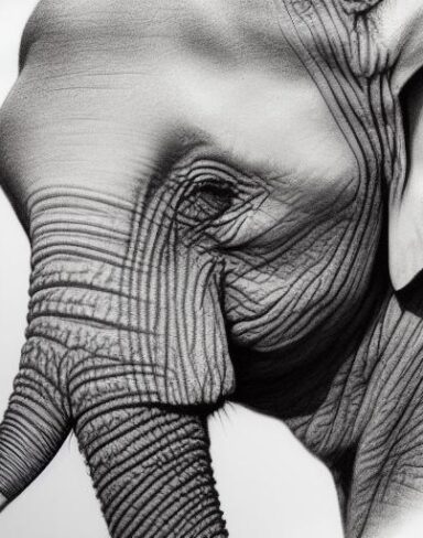 The black and white art drawing of an elephant