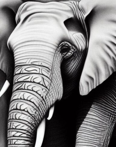 The black and white art drawing of an elephant
