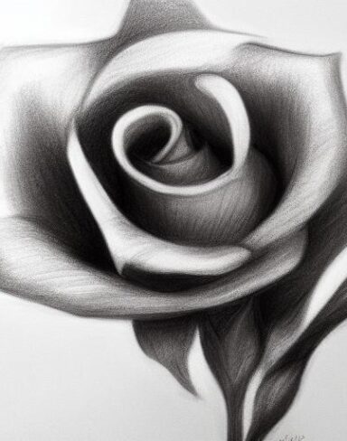 The black and white charcoal drawing of a rose flower