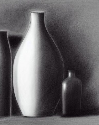 The black and white charcoal drawing of two vases and a bottle
