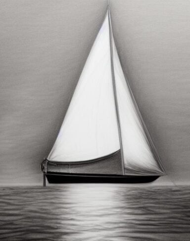 The black and white drawing of a sailboat in the water