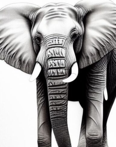 The black and white drawing of an elephant