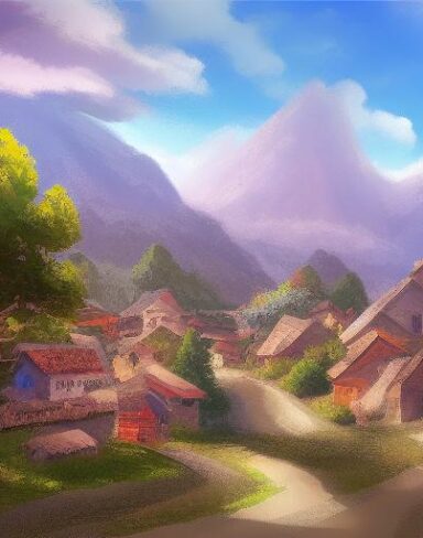 The digital art of a small village in the mountains