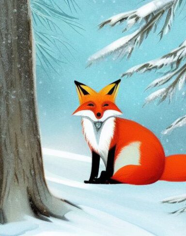 The fox is sitting in the snow