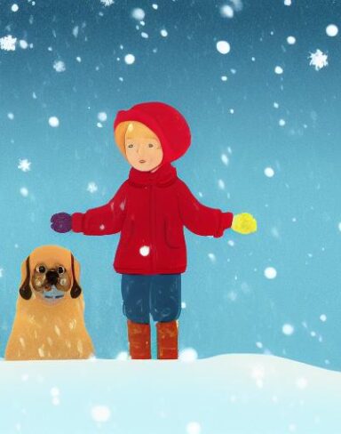 The little boy standing with a dog in the snow