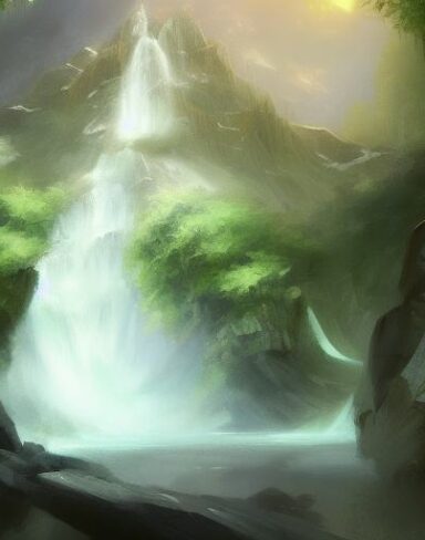 The painting of a man standing near a waterfall